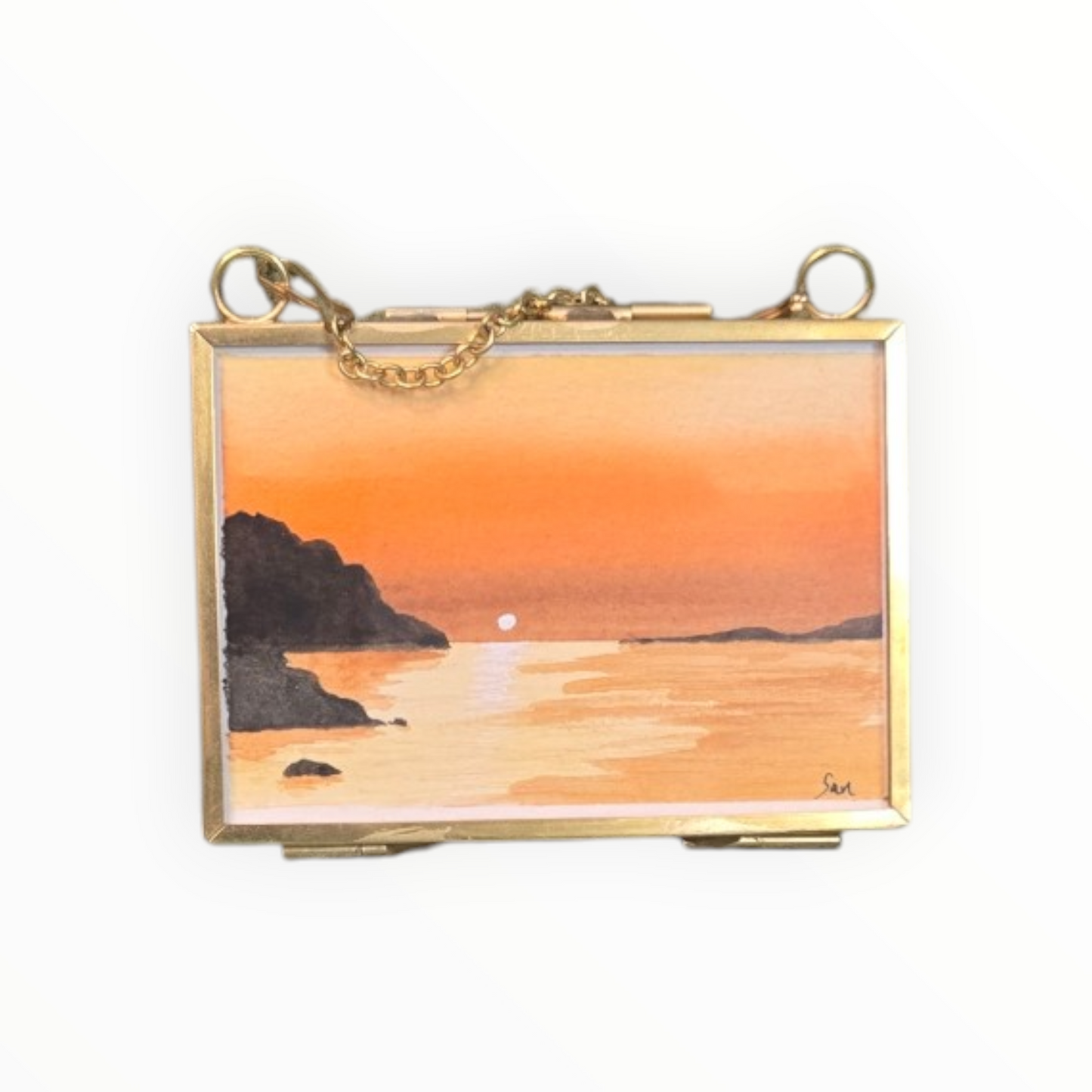 Amber Tide Mini Watercolor, Coastal Sunset Original in Hanging Brass Frame