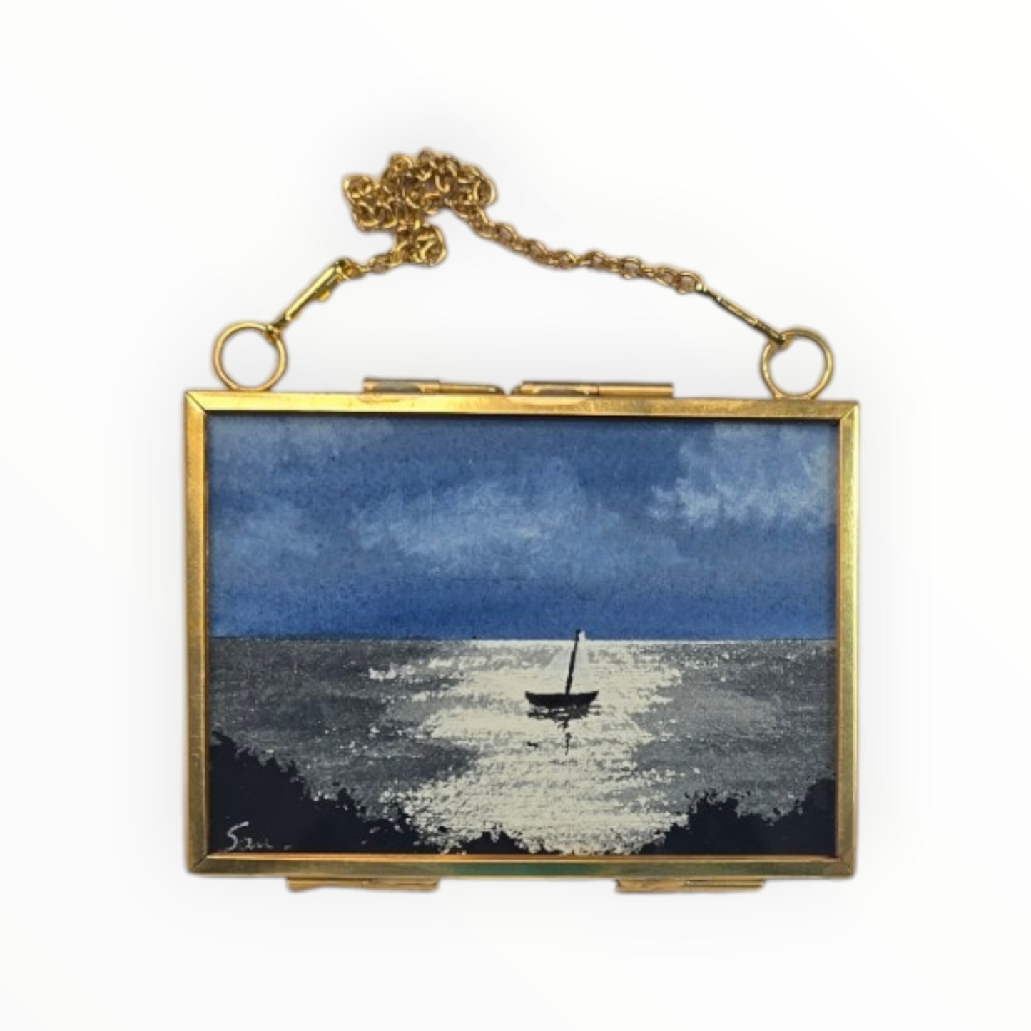 Lone Sail Mini Watercolor, Seascape Original in Hanging Brass Frame