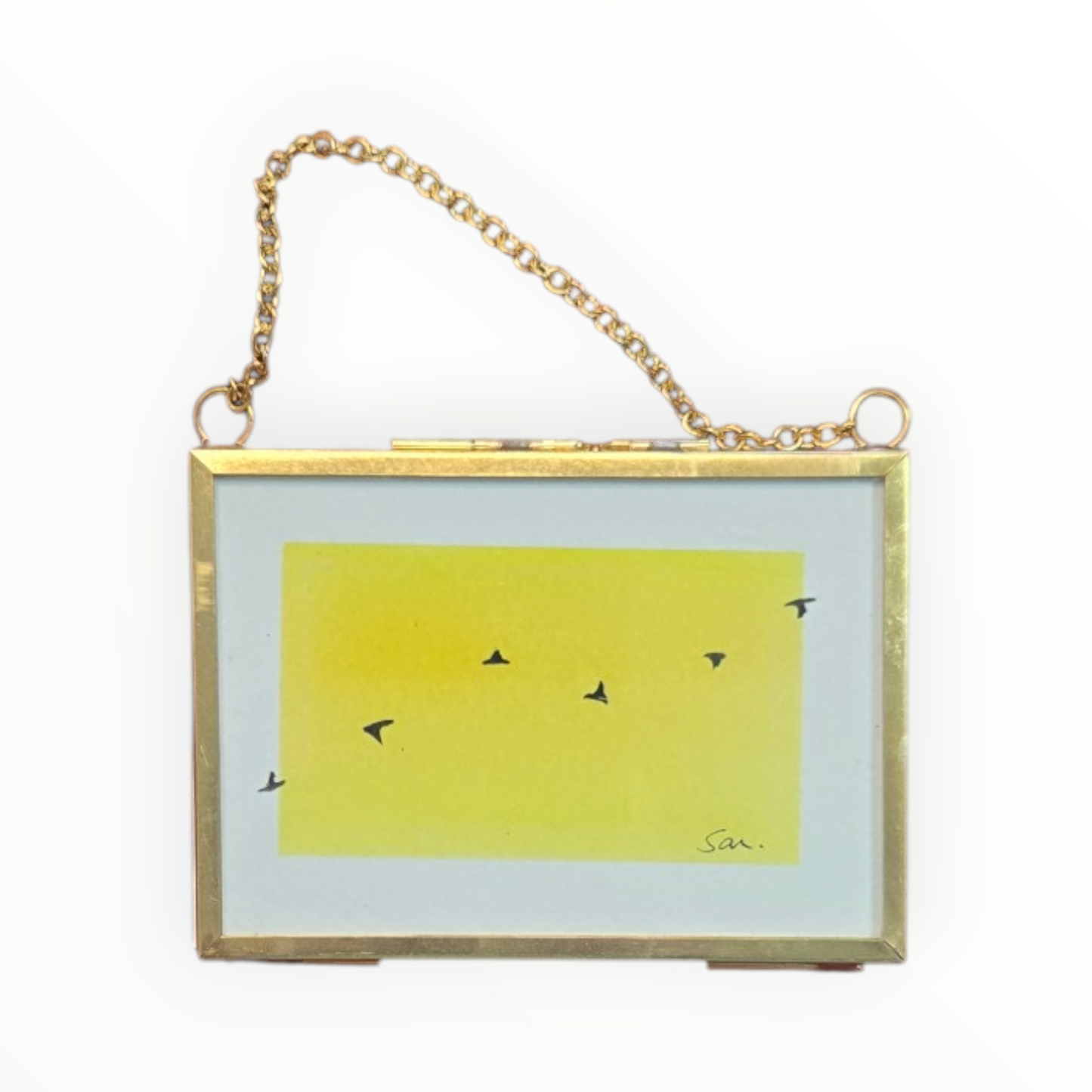 Golden Flight Mini Watercolor, Birds in Sunlight Original in Hanging Brass Frame