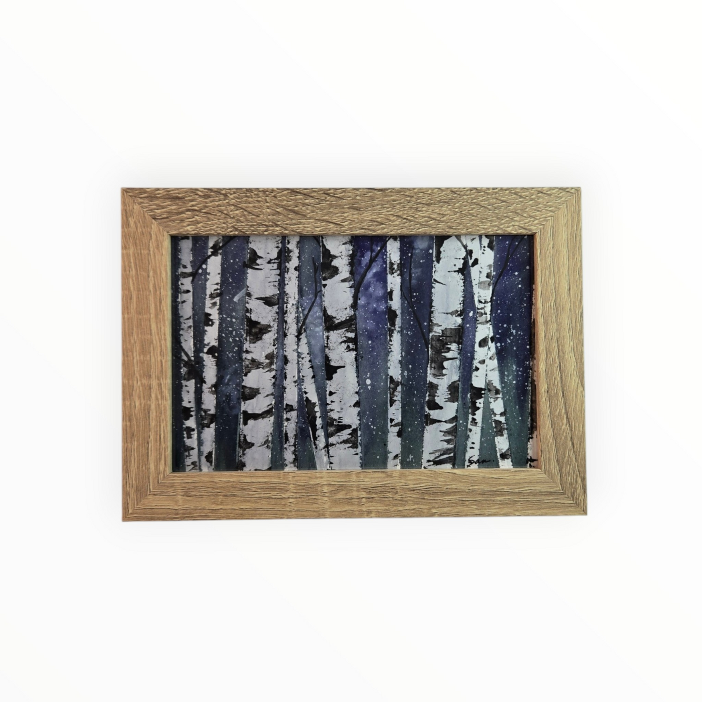 Birch Trees at Night Mini Original Painting | Framed Forest Art
