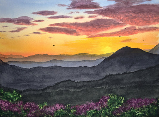 Painting of a sunset over mountains with purple flowers at the base