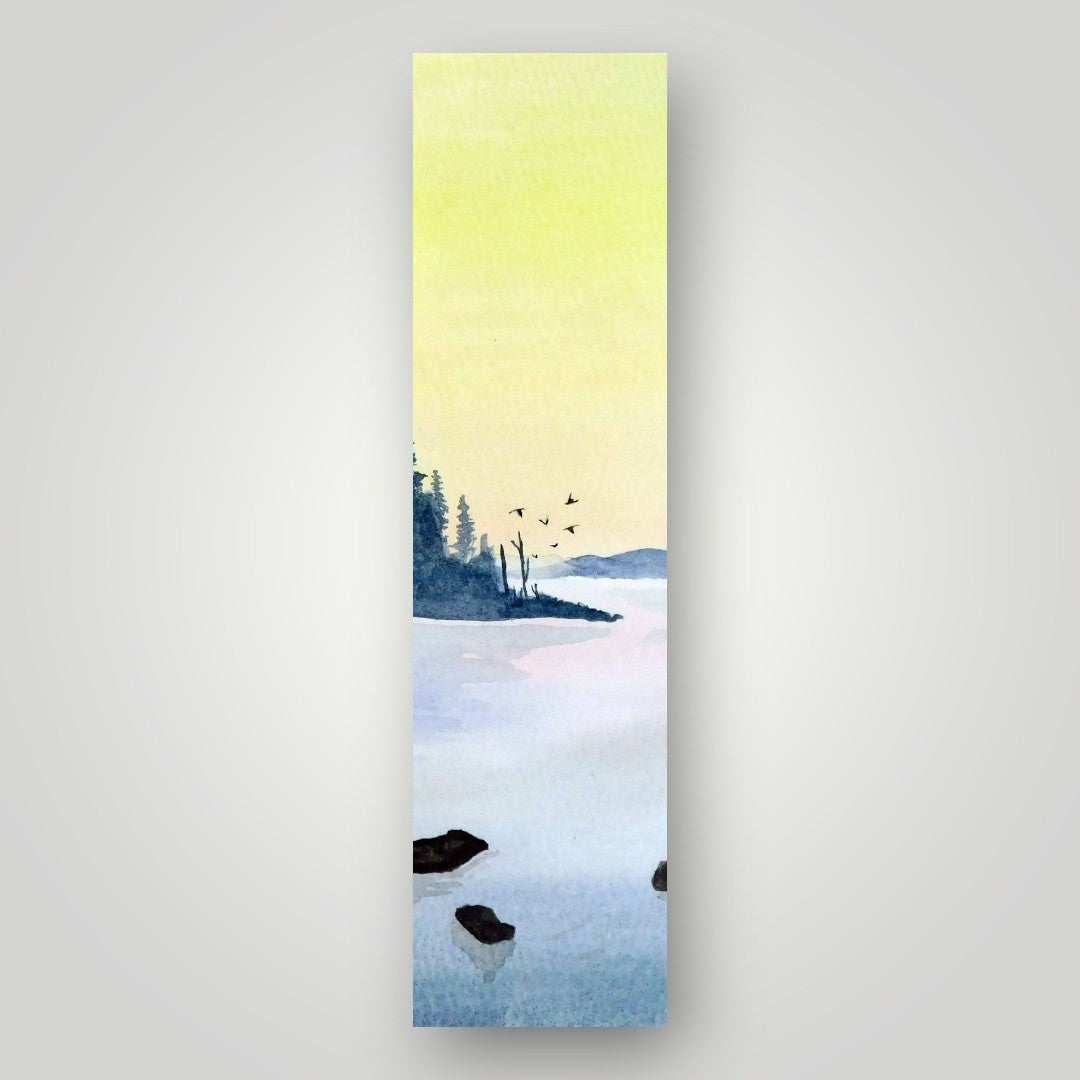 Yellow Dawn Over Lake Seascape Bookmark | Watercolor Art Bookmark by SanBCreative