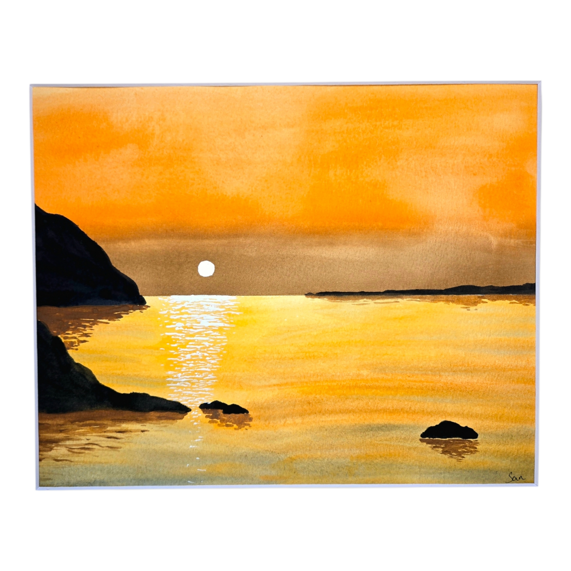 Sunset over water with a small island and rocks, painted in warm orange and yellow tones.