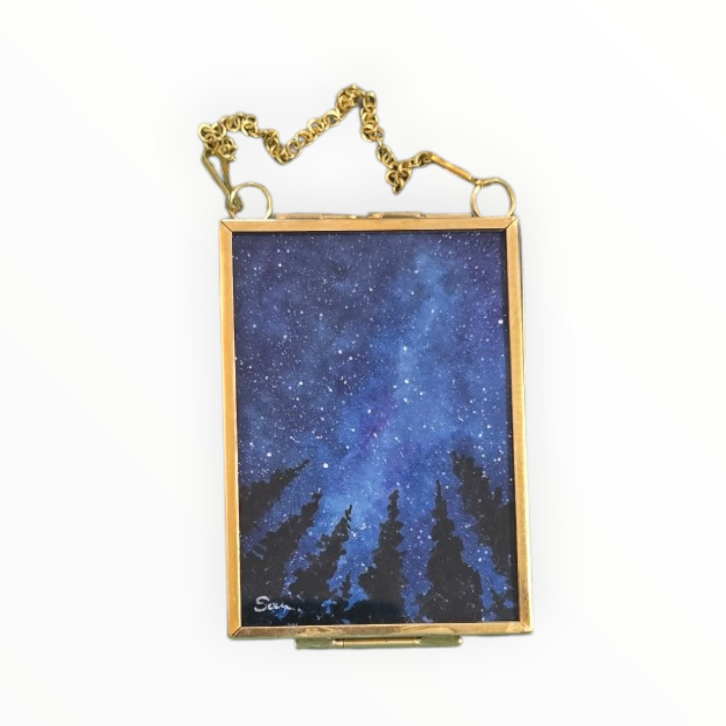 Starlit Pines Mini Watercolor - Night Sky Original in Hanging Brass Frame