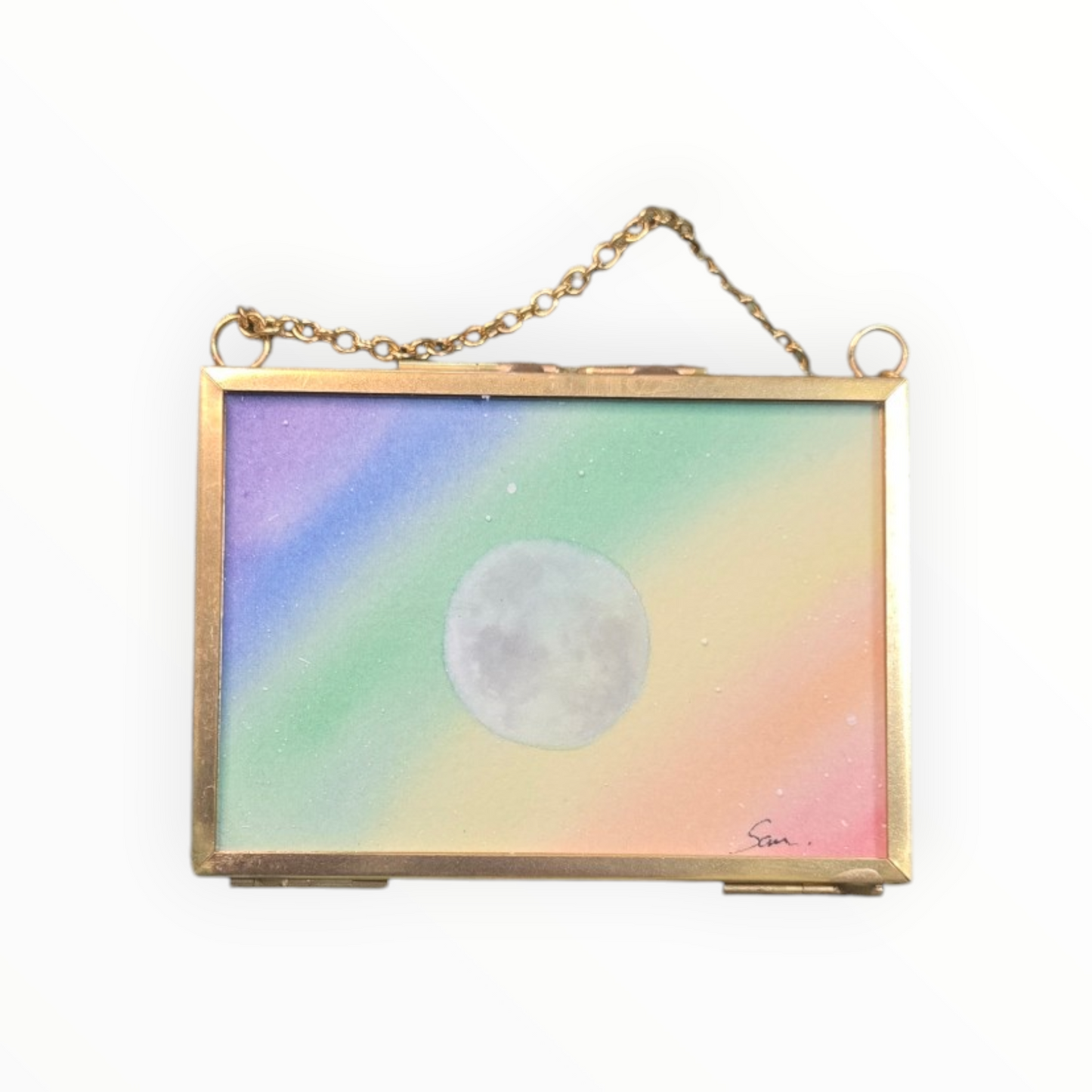 Rainbow Moon Mini Watercolor, Pride Original in Hanging Brass Frame
