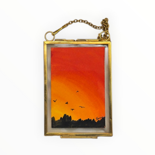 Fire Sky Mini Watercolor, Sunset Birds Original in Hanging Brass Frame