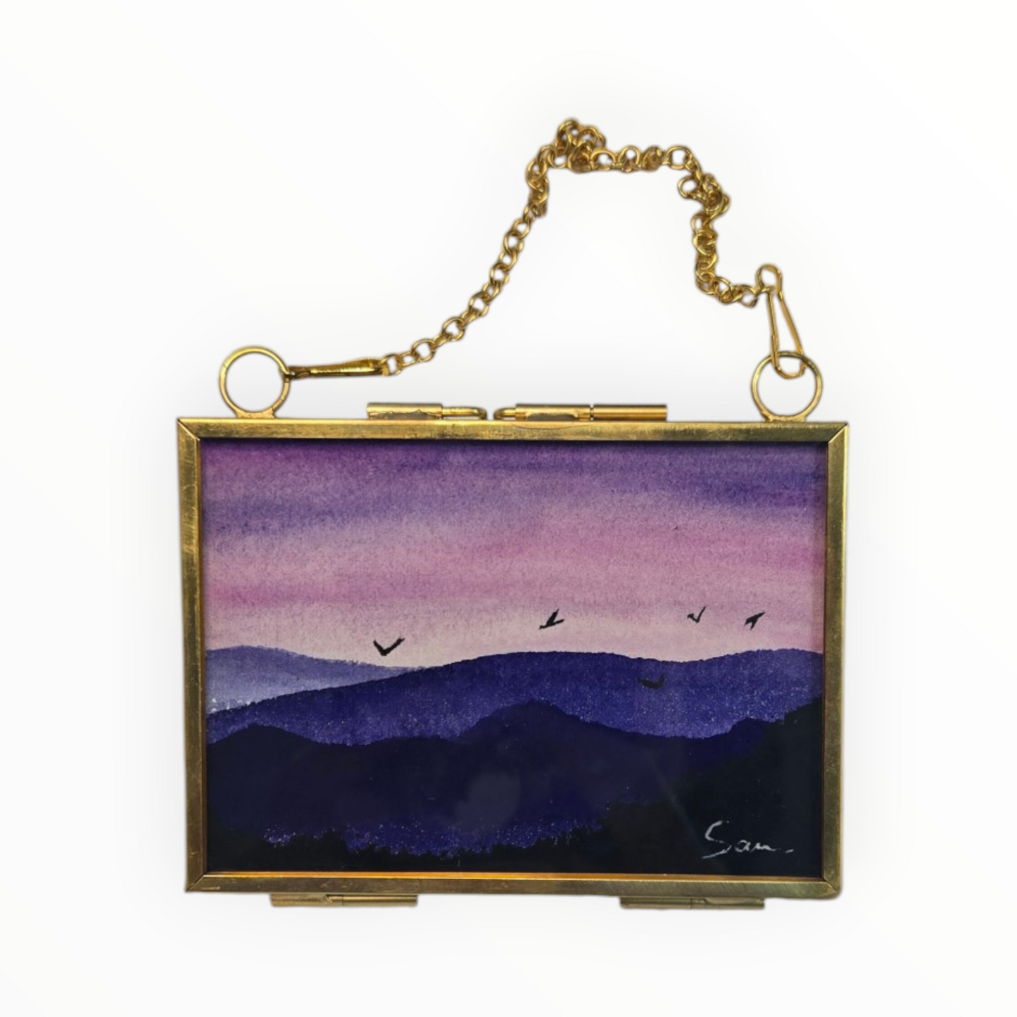Violet Ridge Mini Watercolor, Mountain Twilight Original in Hanging Brass Frame