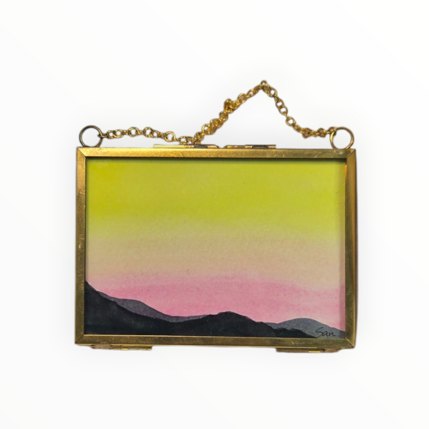 Citron Dawn Mini Watercolor, Mountain Sunrise Original in Hanging Brass Frame