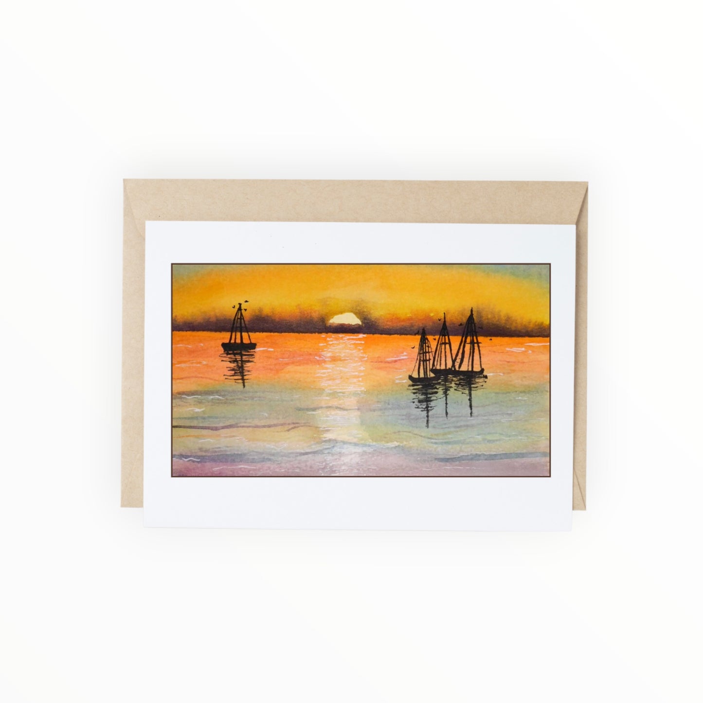 Sunset Sailboats Coastal Watercolor Greeting Card (A2)