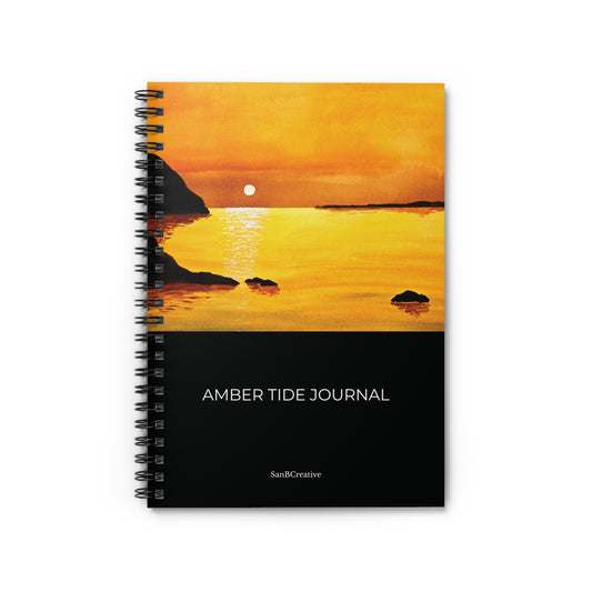 Spiral-bound notebook with sunset design and 'Amber Tide Journal' text on a white background