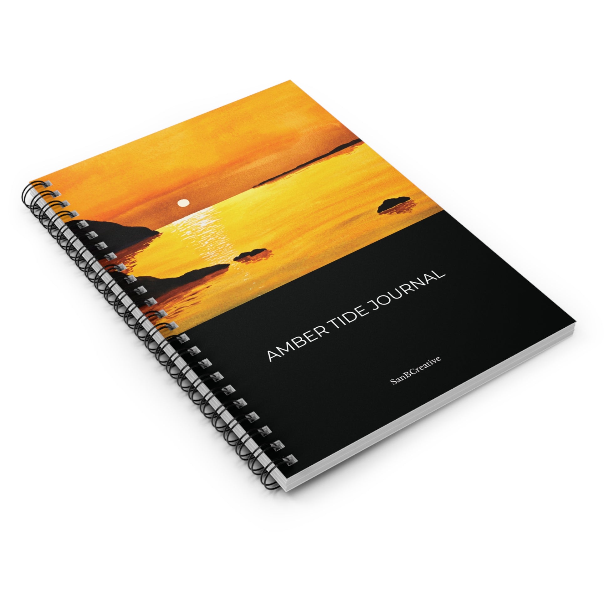 Notebook titled 'Amber Tide Journal' with a sunset design on the cover.