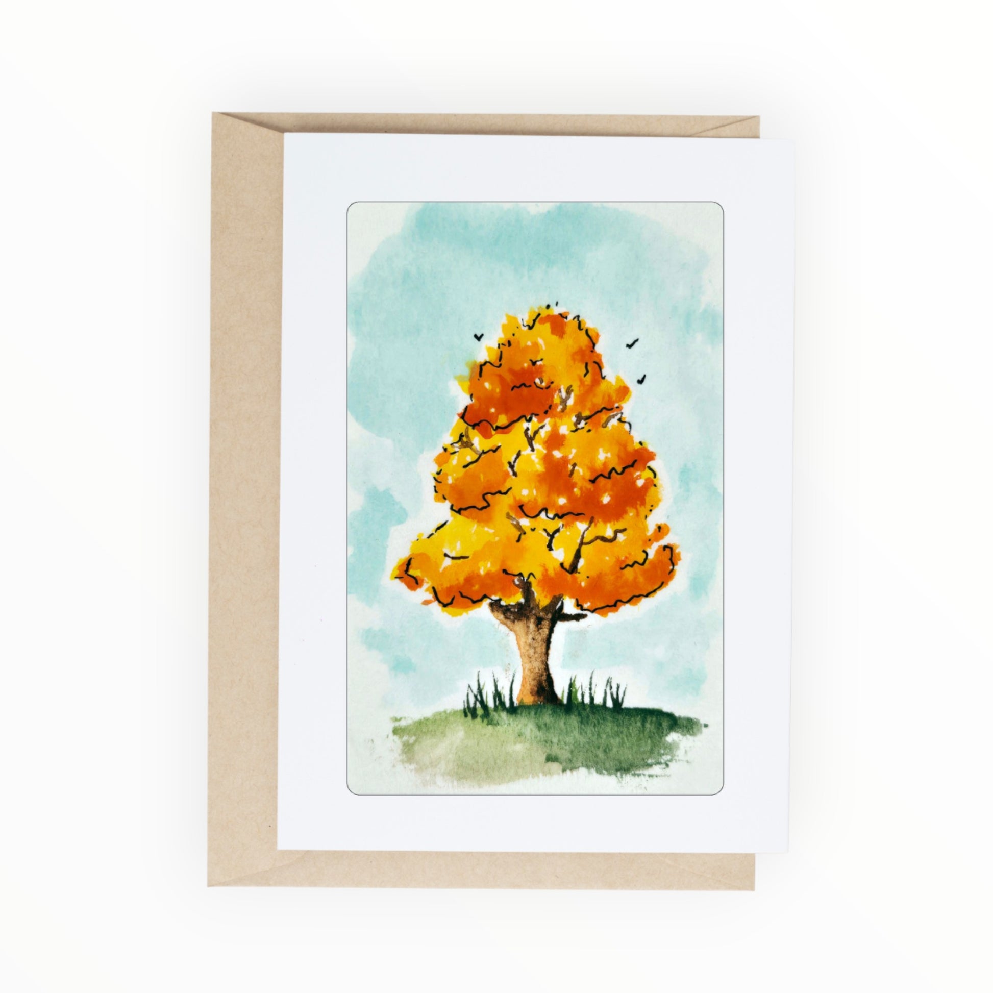 Watercolor tree with bright orange leaves against a soft sky.