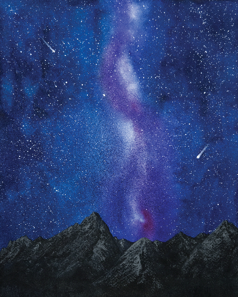 Starry night sky with a purple nebula over mountains