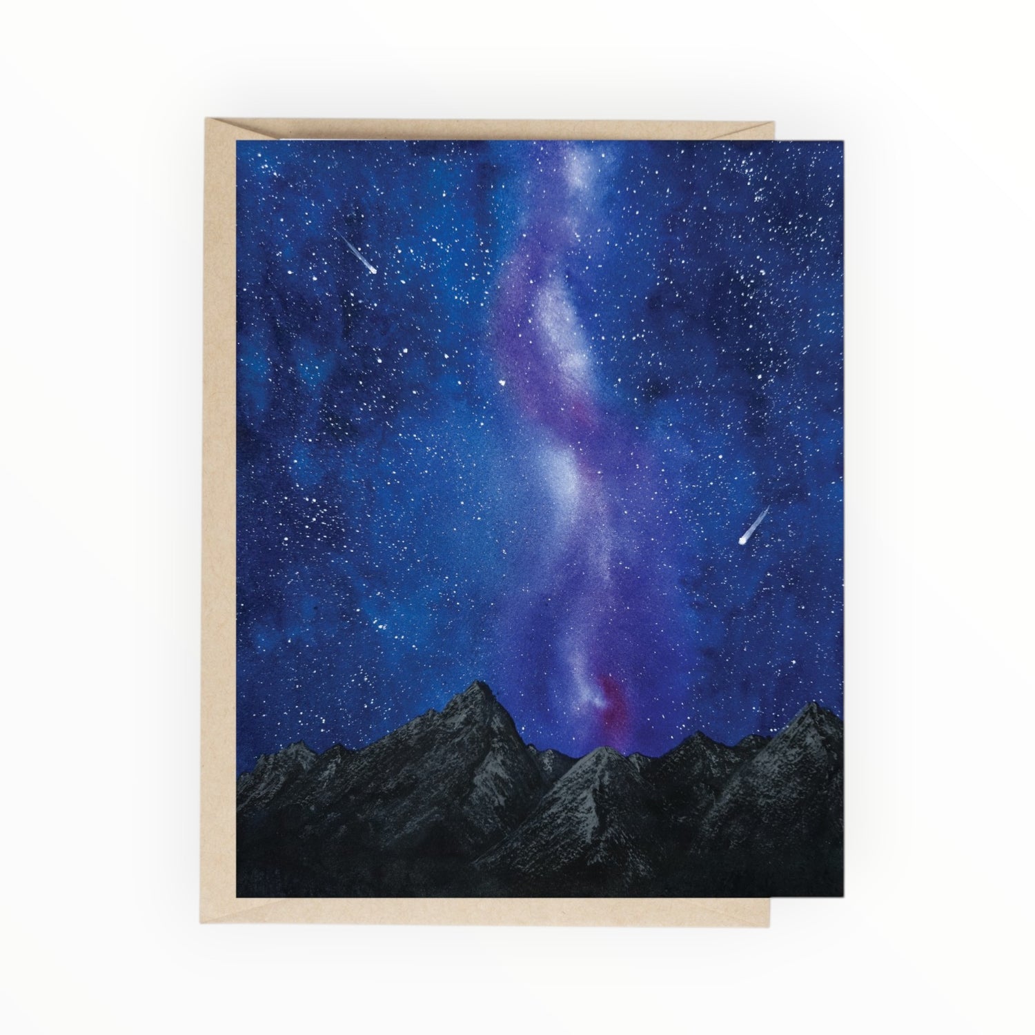 Card with a starry night sky and mountains design on a white background