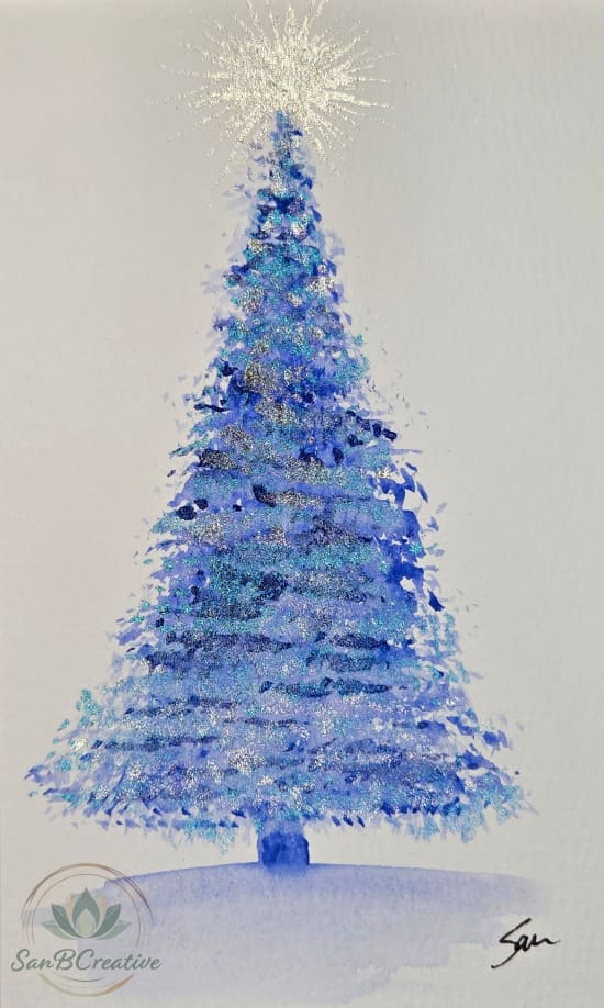 Blue Sparkle Tree – Hand-Painted Holiday Greeting Card