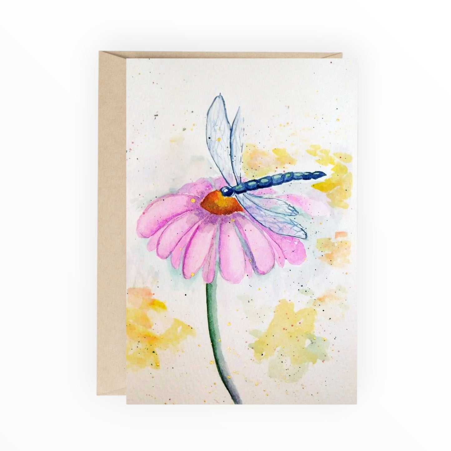 Greeting card with a dragonfly on a pink flower design