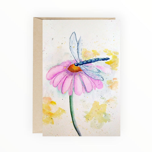 Greeting card with a dragonfly on a pink flower design