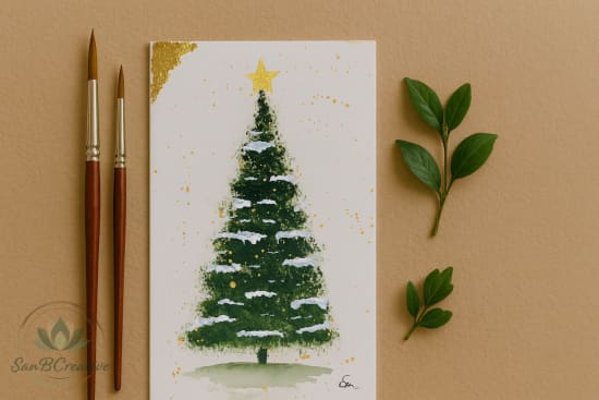 Golden Star Christmas Tree – Hand-Painted Greeting Card