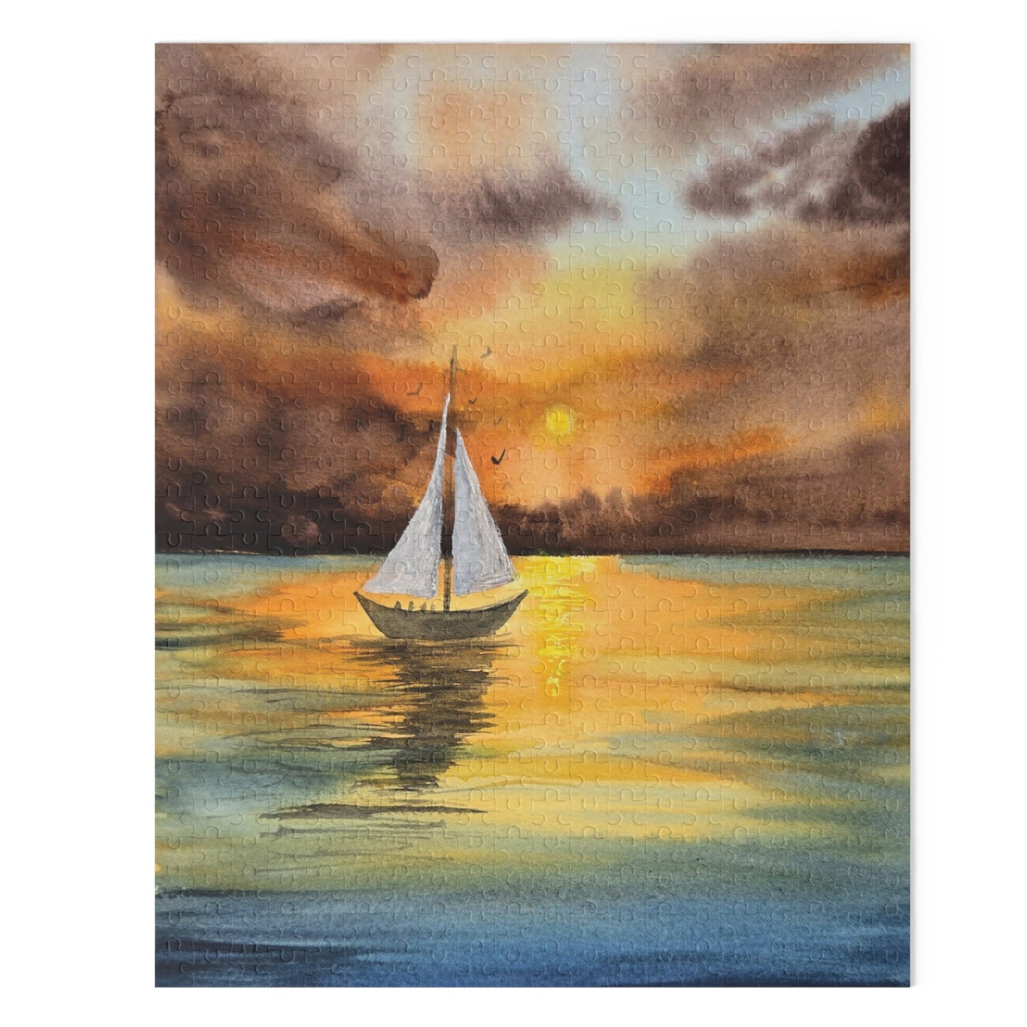 Finished Golden Voyage puzzle showing beach sunset scene