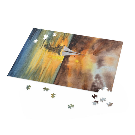 Unfinished Golden Voyage puzzle showing beach sunset scene