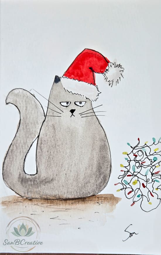 Grumpy Cat Christmas Card – Hand-Painted Watercolor Greeting Card