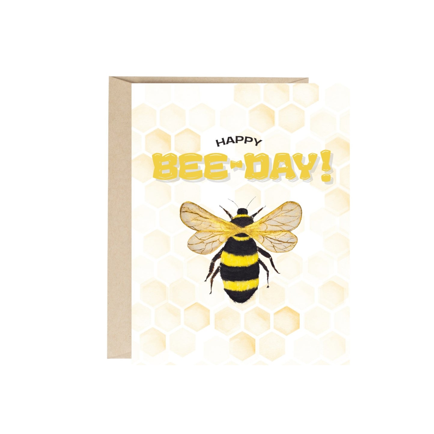 Greeting card with a bee design and 'Happy Bee-day!' text on a white background