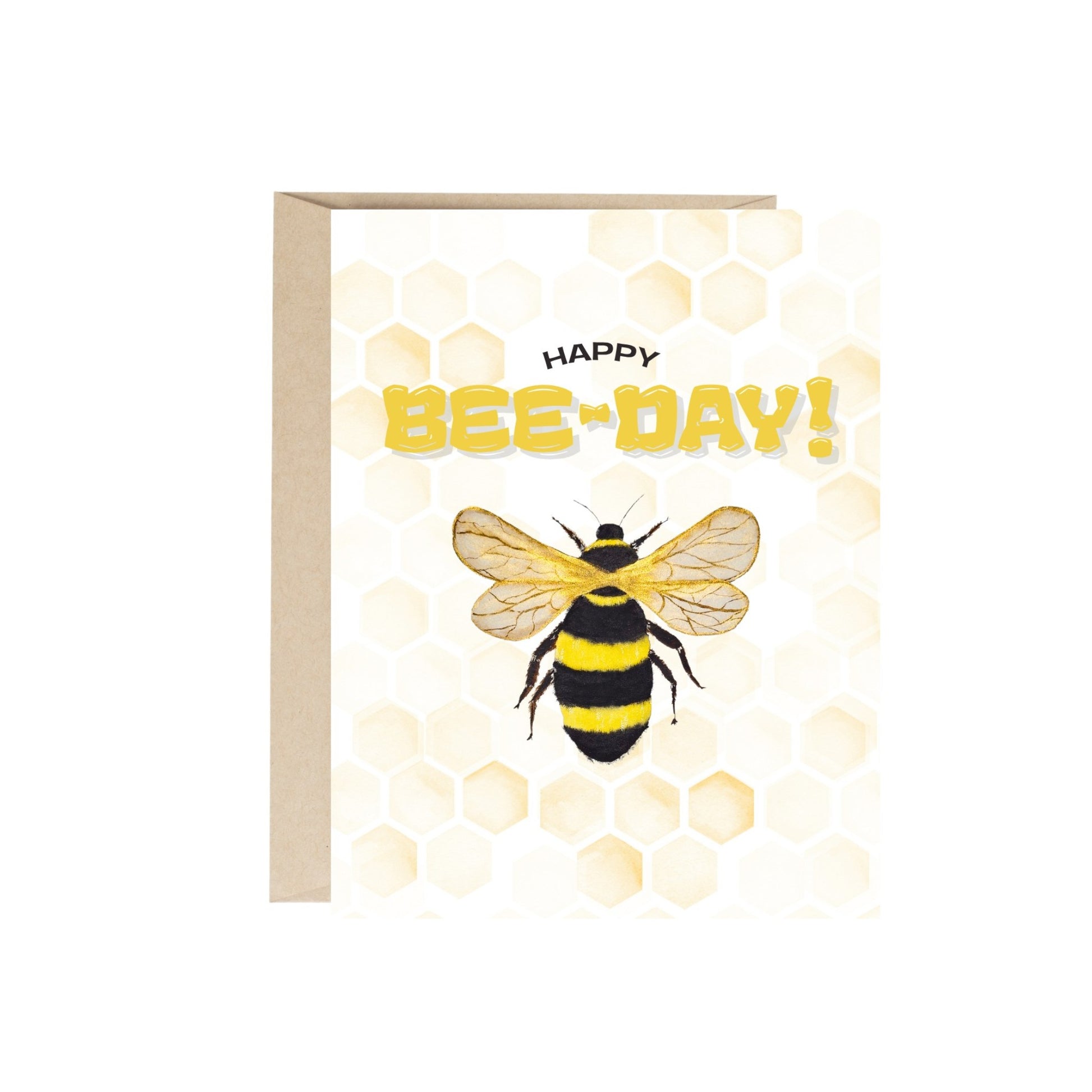 Greeting card with a bee design and 'Happy Bee-day!' text on a white background