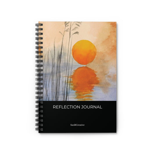 Spiral-bound notebook with a sunset design and 'Reflection Journal' text on a white background