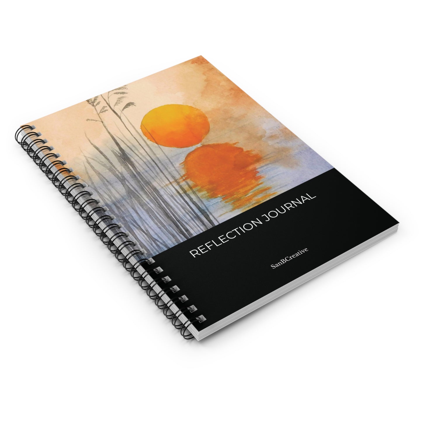 Spiral-bound notebook titled 'Reflection Journal' with artistic cover design on a white background