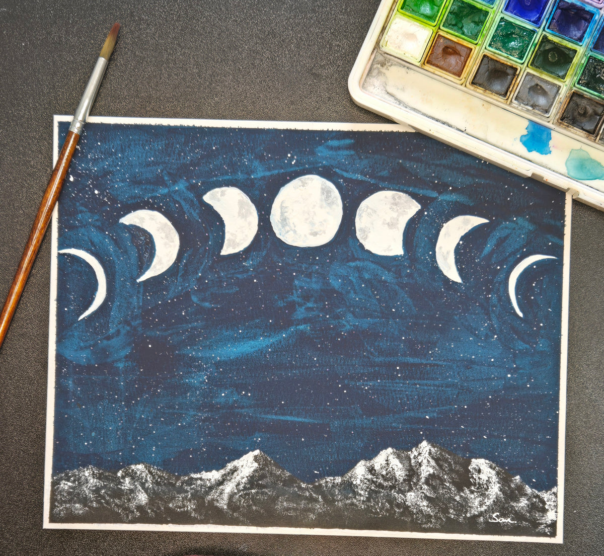In All My Phases | 8x10 Original Moon Phase Watercolor Painting