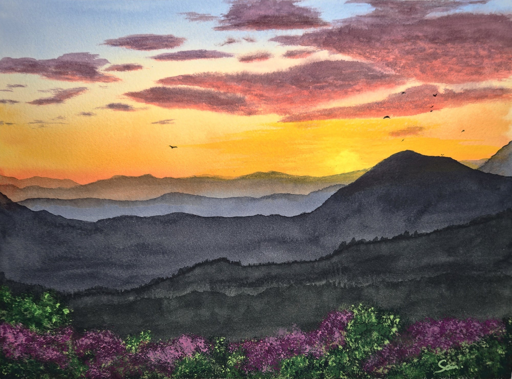 Painting of a sunset over mountains with purple flowers at the base