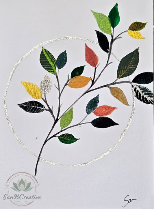 Silver Circle Leaves – Hand-Painted Greeting Card