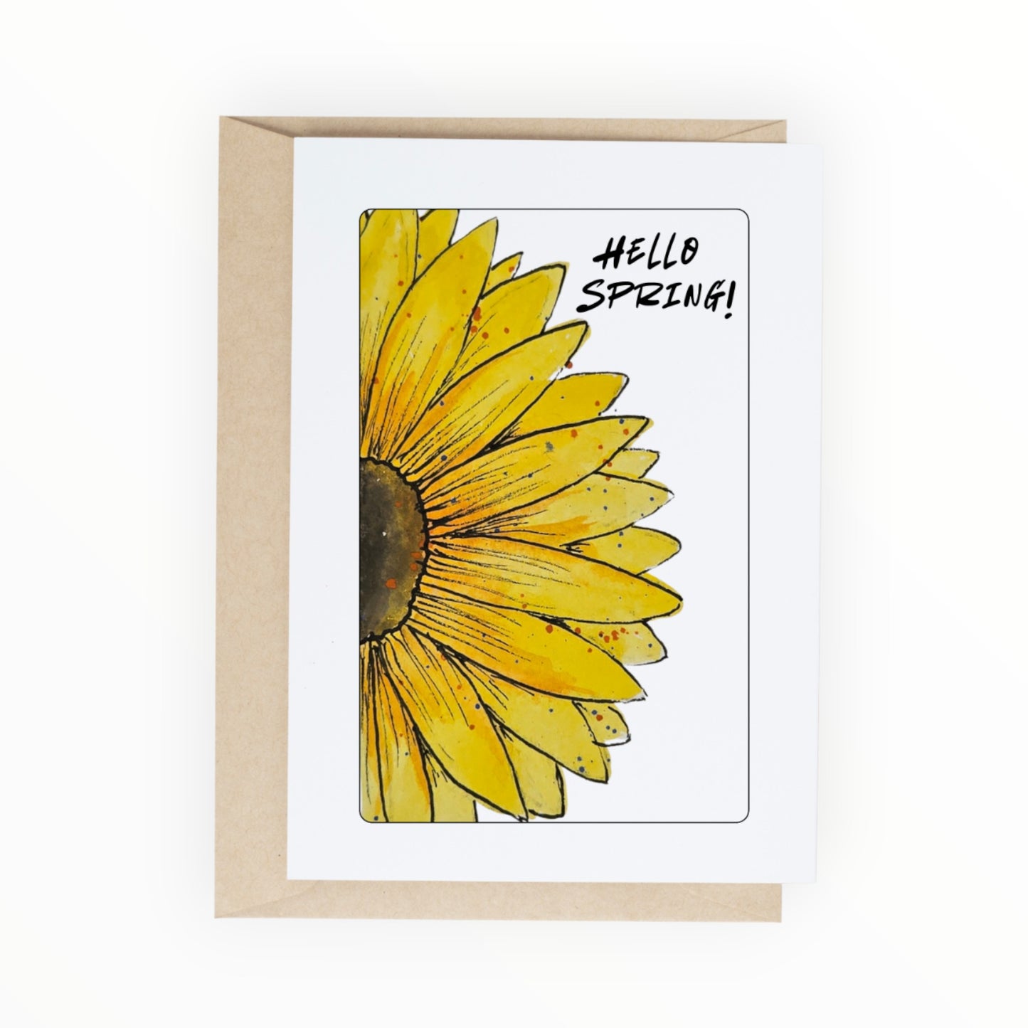 Close-up watercolor sunflower with the words ‘Hello Spring.’