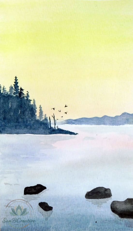 Yellow Dawn Over the Lake – Original Watercolor Landscape