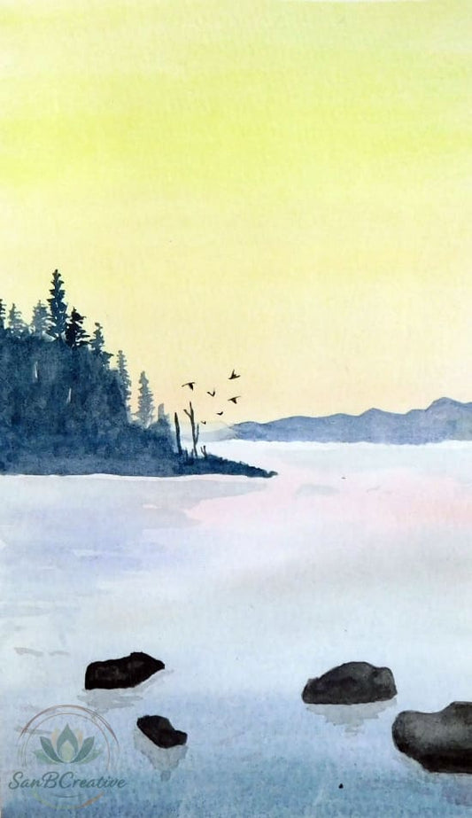 Yellow Dawn Over the Lake – Original Watercolor Landscape